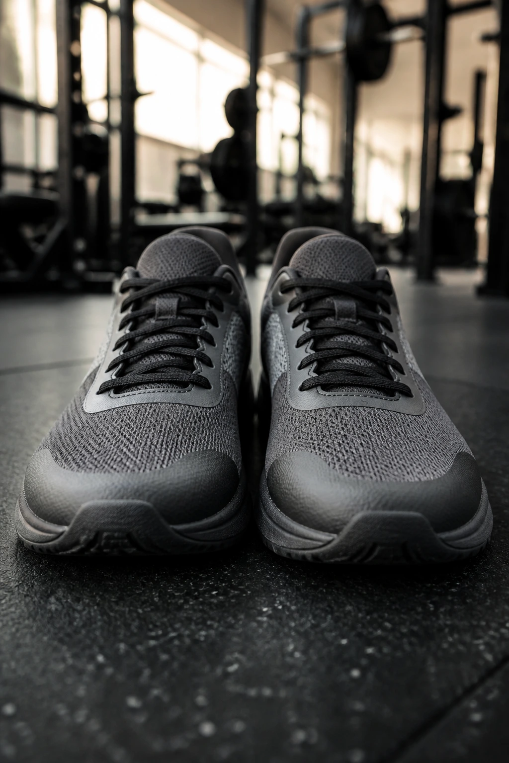 Close-up of a cross-trainer gym shoe on a gym floor
