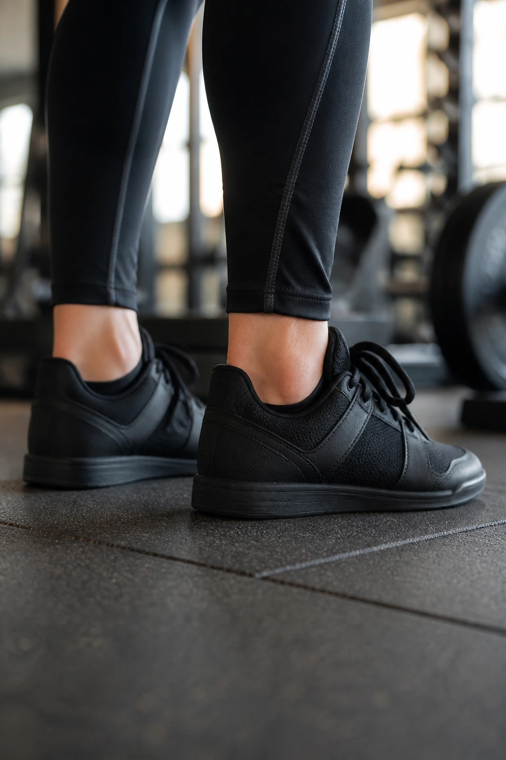 Close-up of flat-soled training shoes ready for lifting on gym floor