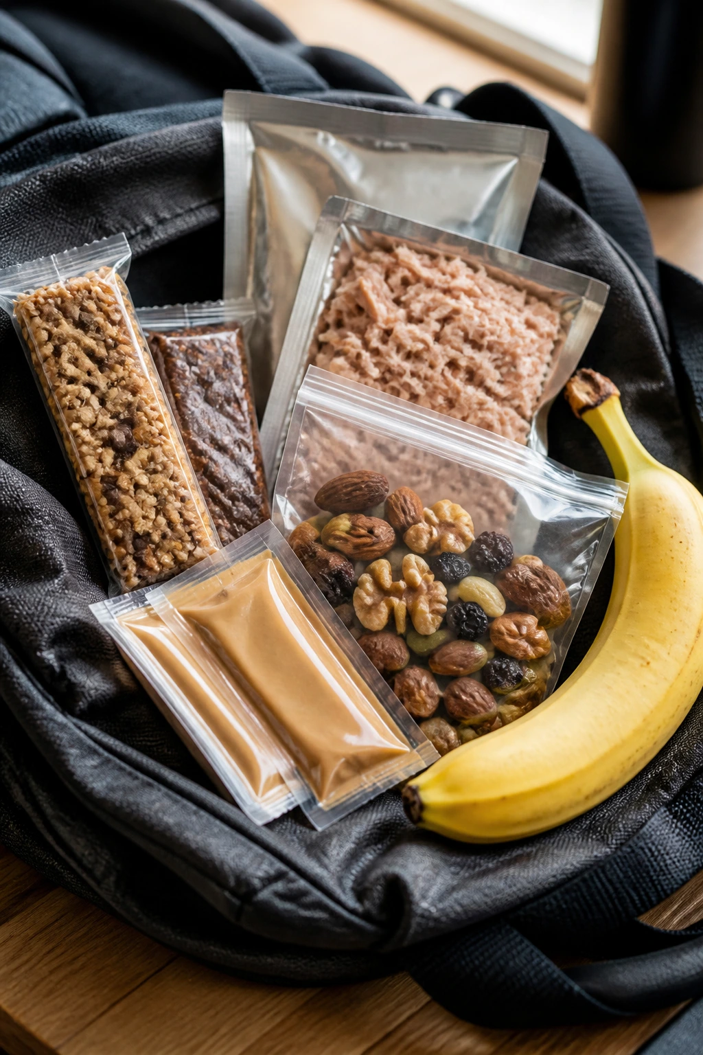 Travel snacks including bars, tuna, trail mix, and fruit in a bag
