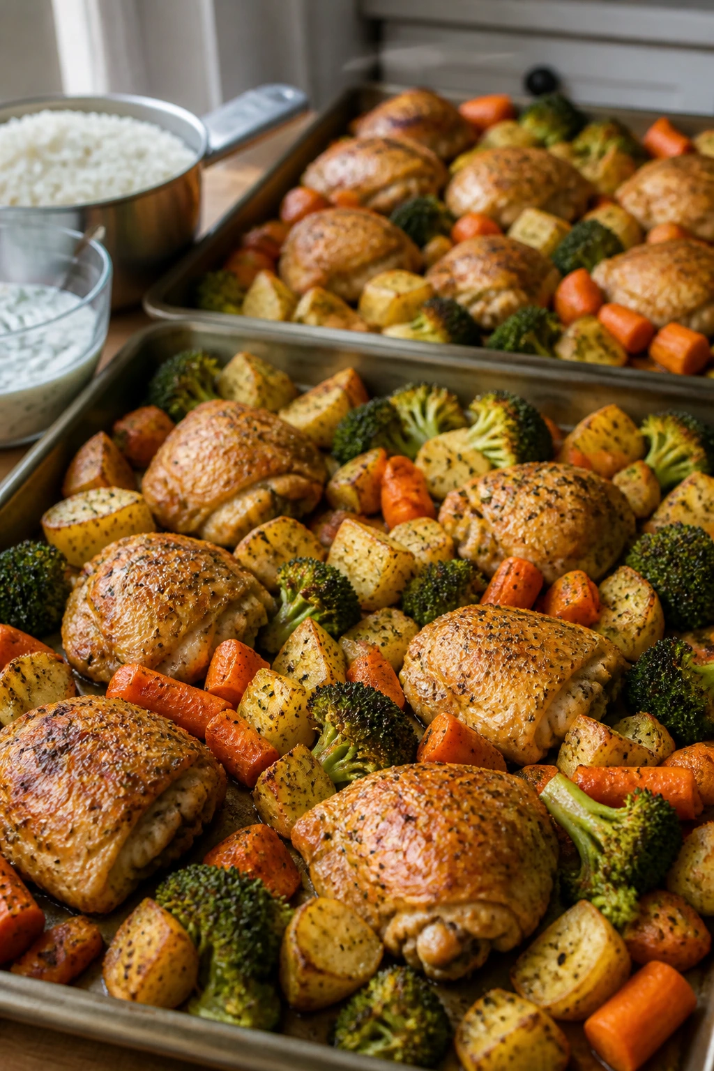 Close-up sheet-pan tray-bake with chicken and vegetables in a home kitchen