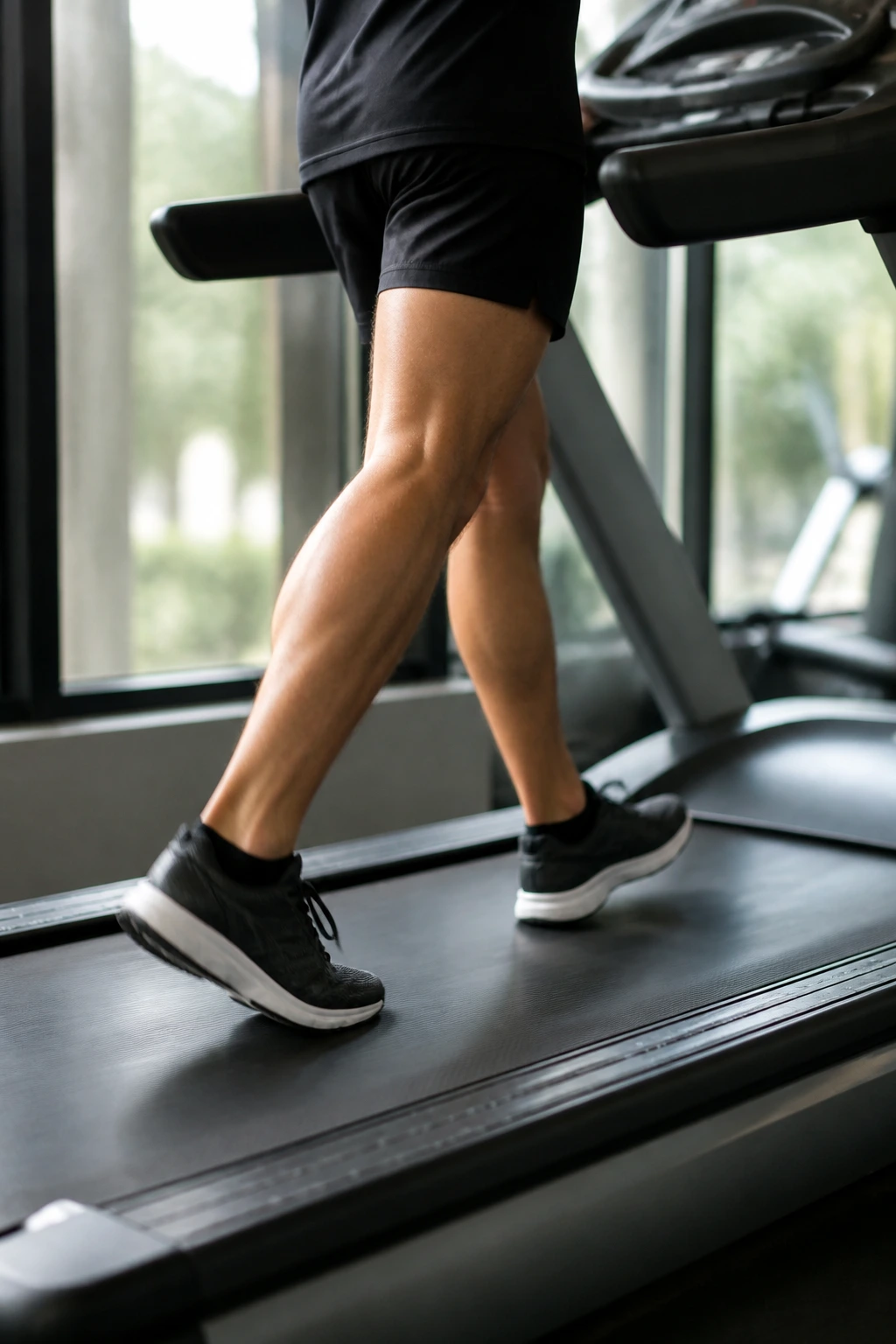 Close-up of a real person running on a treadmill in a gym, showing a repeatable beginner treadmill workout