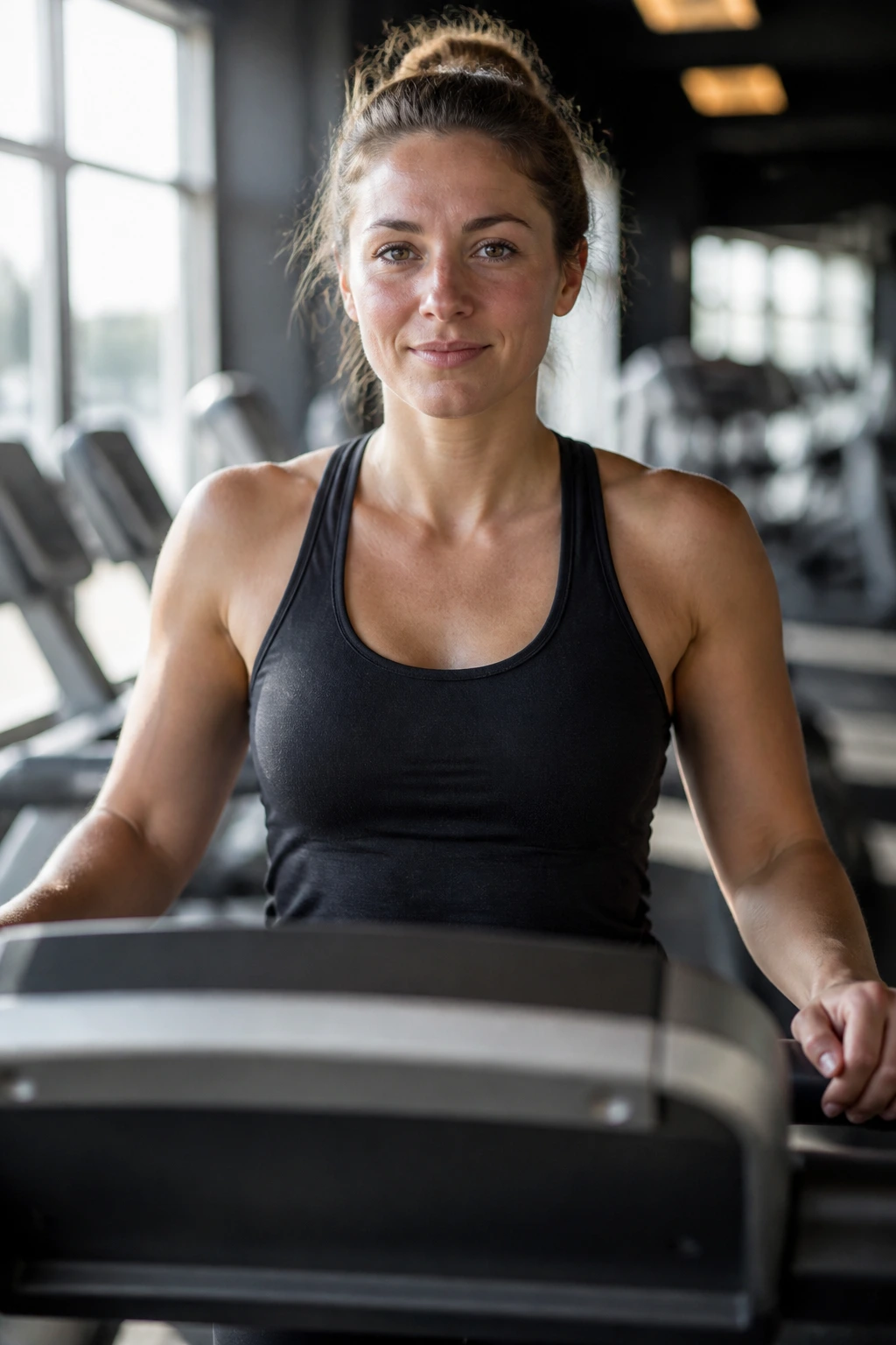 Close-up of a real person on a treadmill showing confident beginner walk in a gym