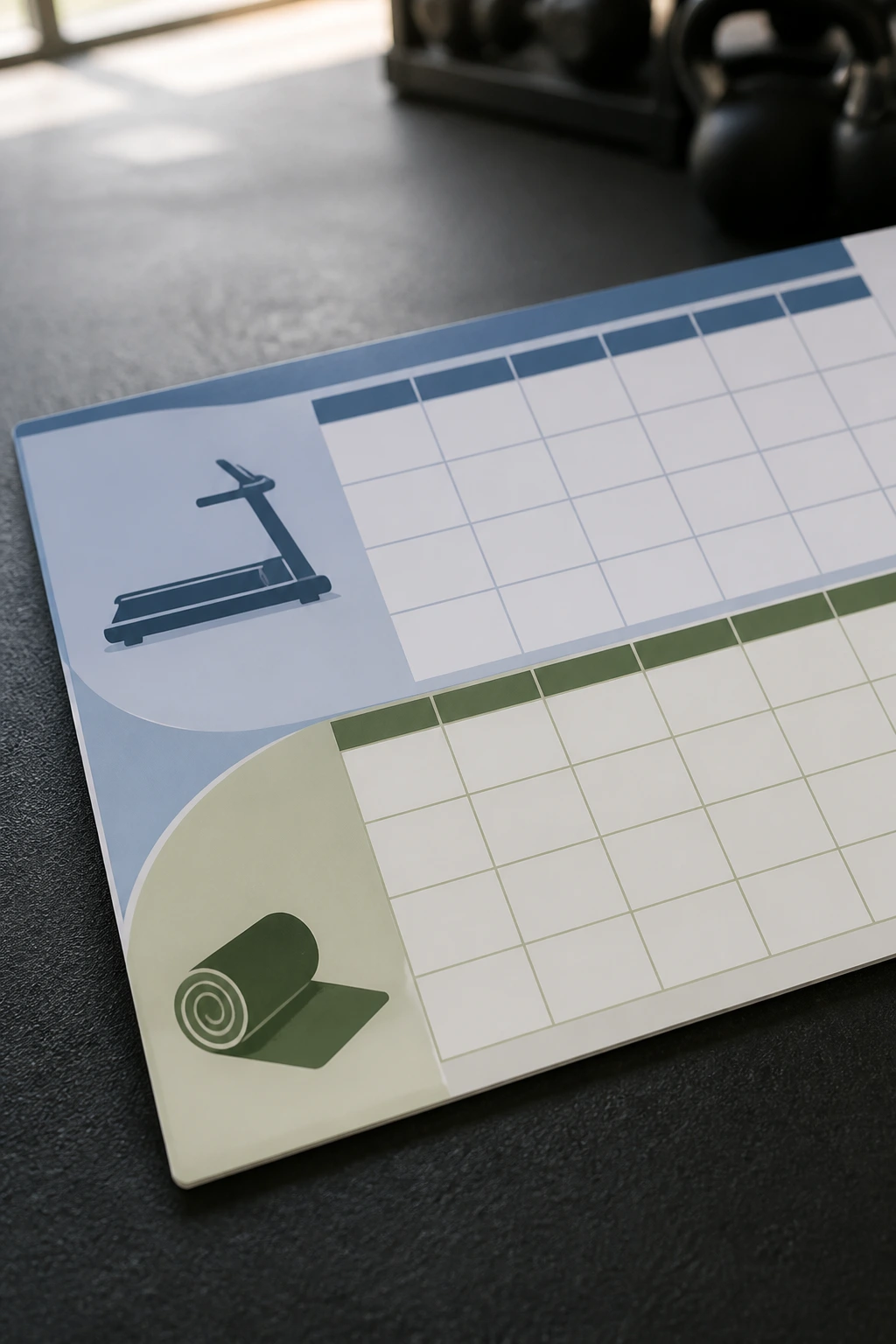Close-up calendar grid split into treadmill and floor work sections on a gym floor