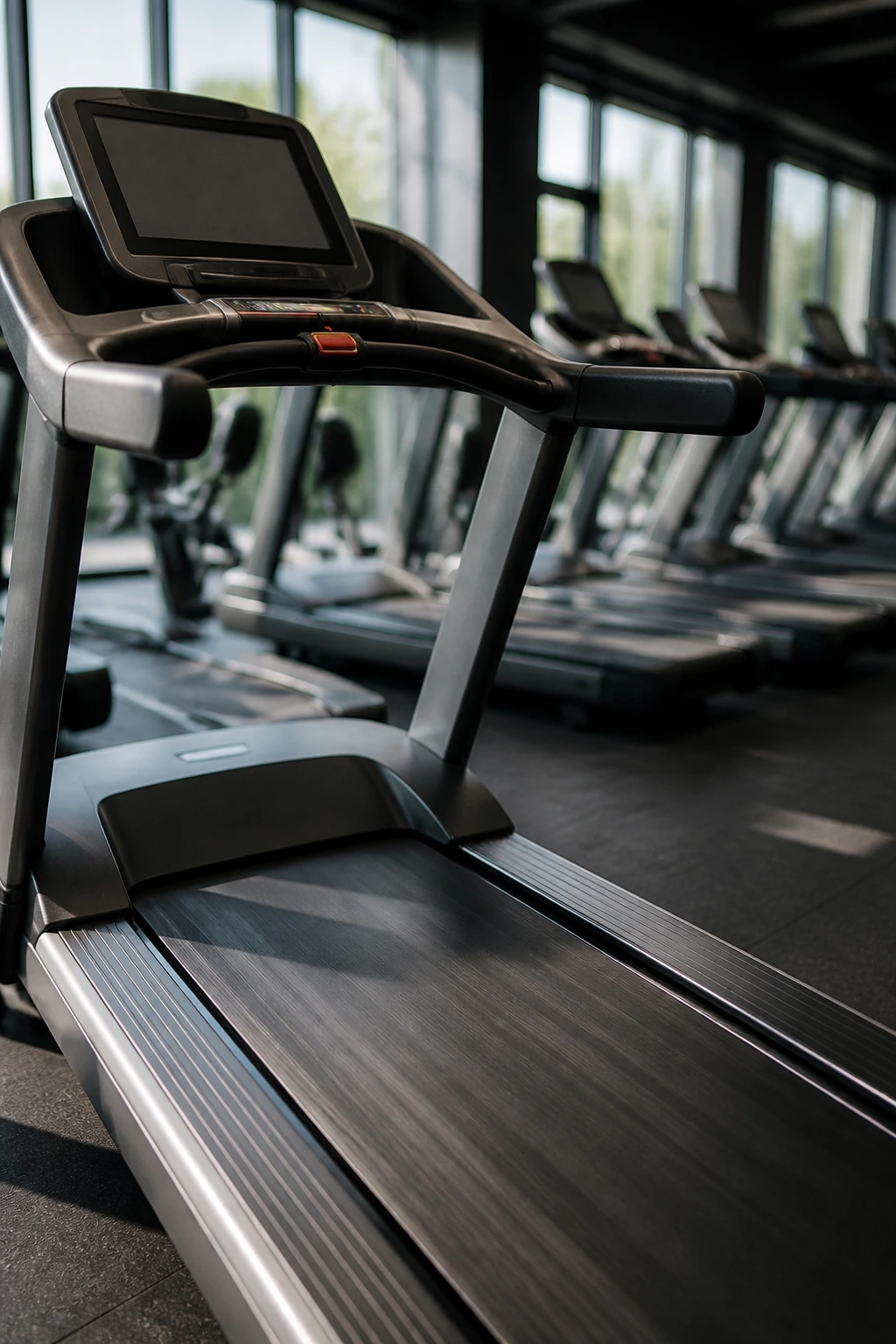 Close-up of a treadmill belt and console in a bright gym, highlighting cardio equipment