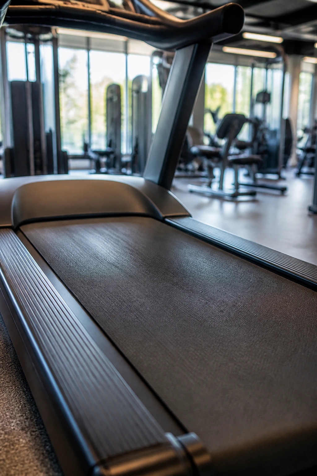 Close-up of treadmill belt and rails in a gym setting
