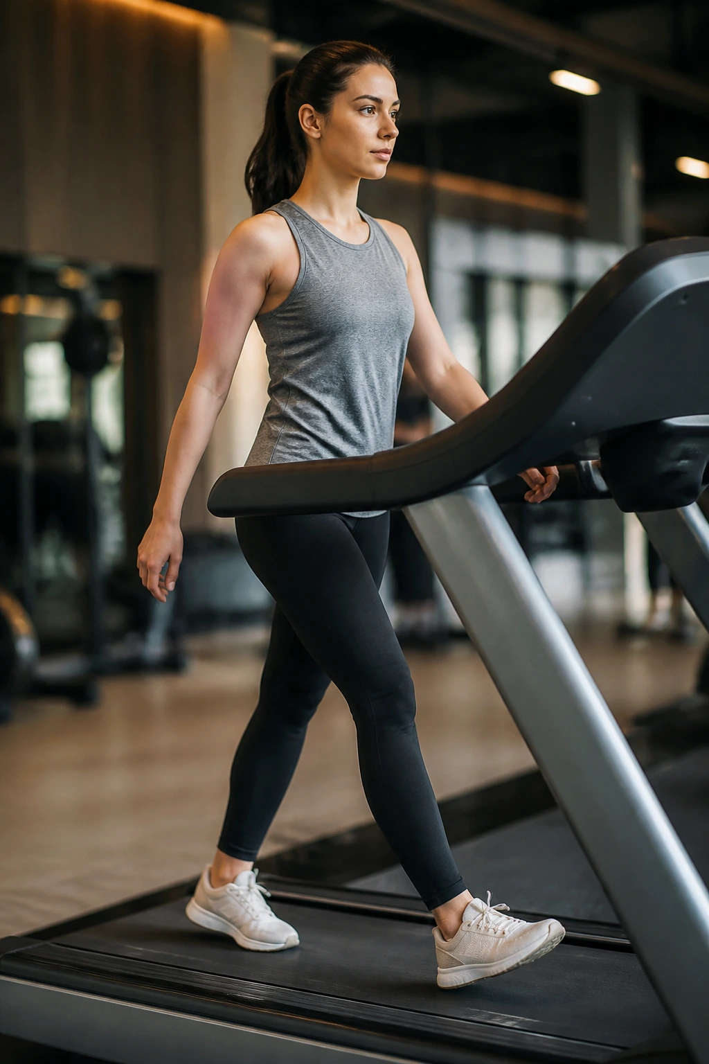 Person walking on incline treadmill in gym