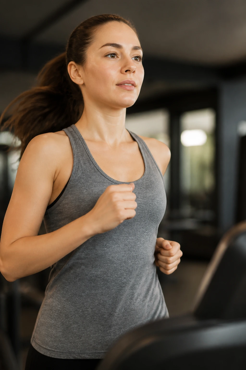 Close-up of a runner on a treadmill performing incline jog and walk bursts