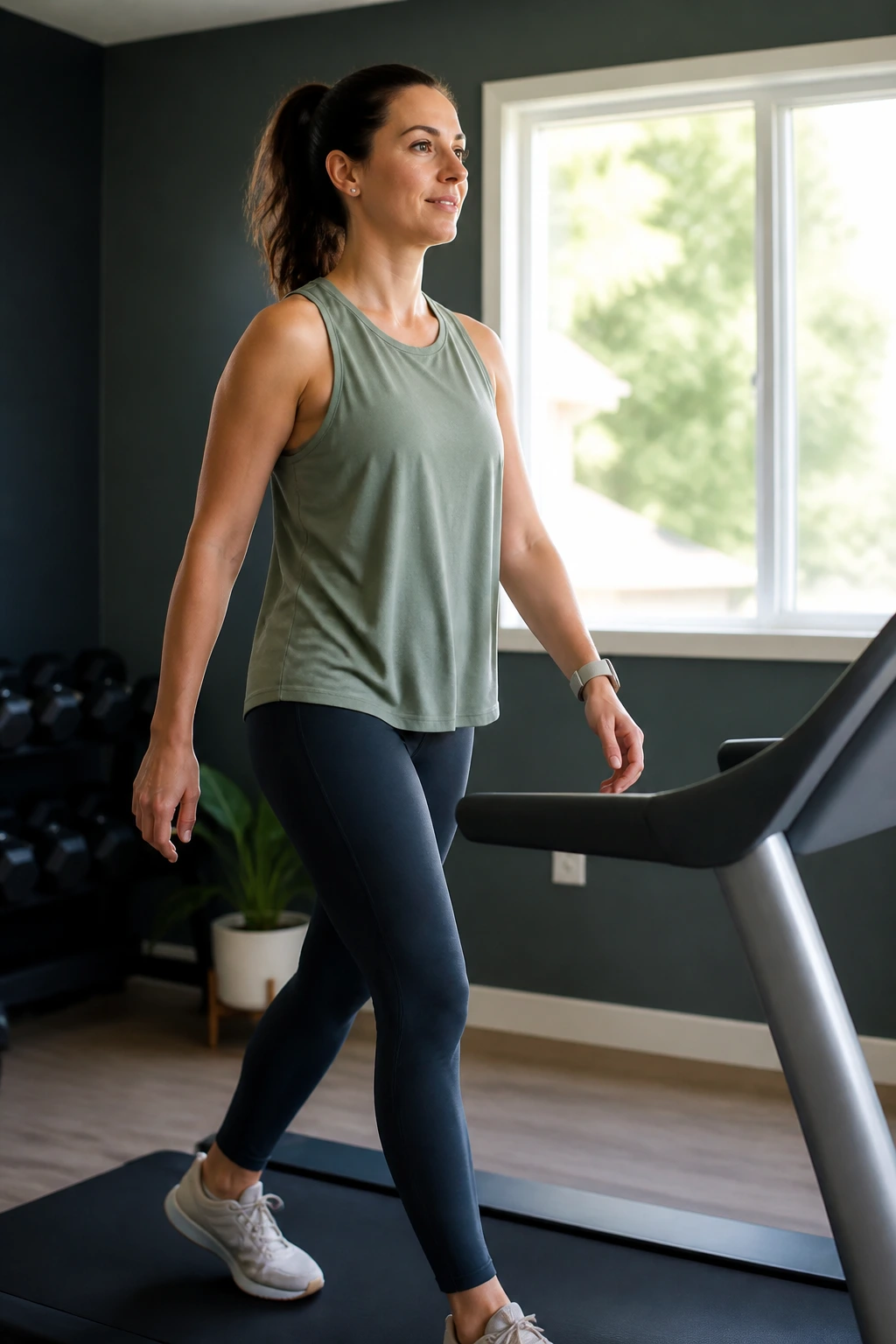 Person walking on inclined treadmill in a home gym