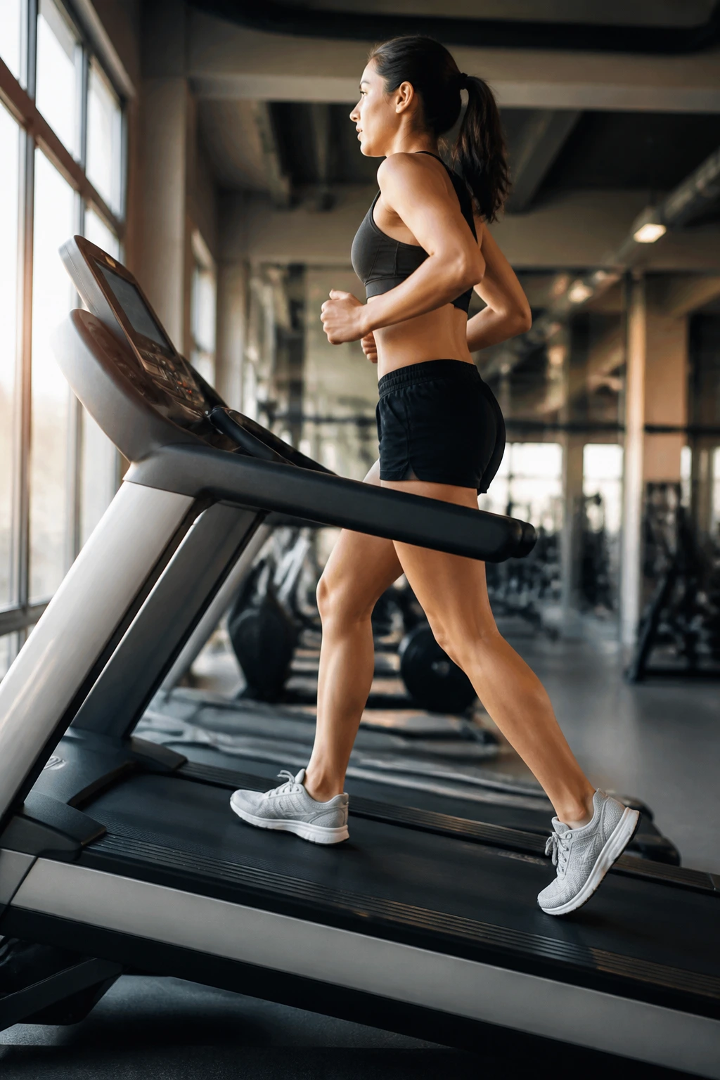 Runner on a treadmill performing incline pyramid intervals in a gym