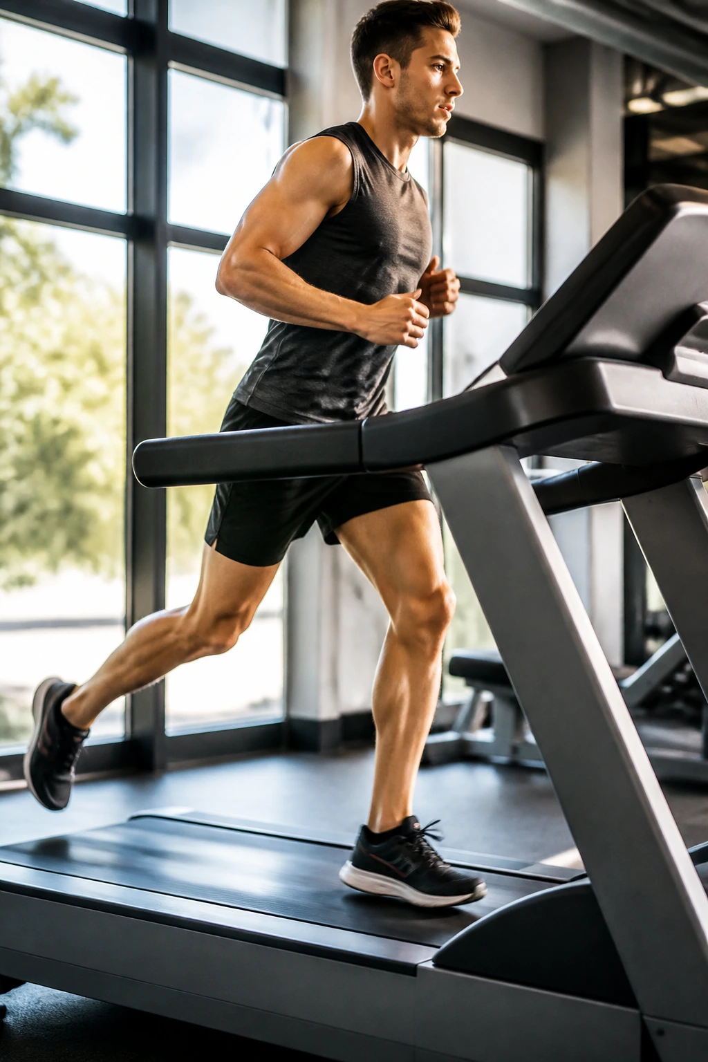 Medium close-up of a runner on a treadmill with a slight incline, mid-stride in a gym