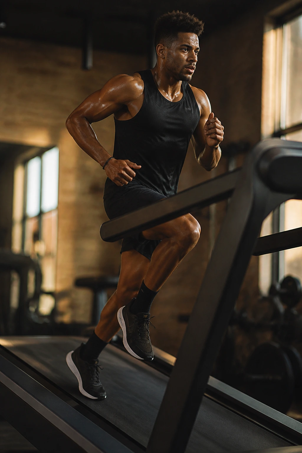 Close-up of runner on treadmill performing incline sprints