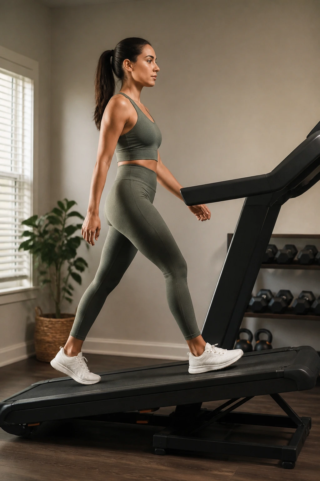 Person walking on a treadmill with incline in a home gym.