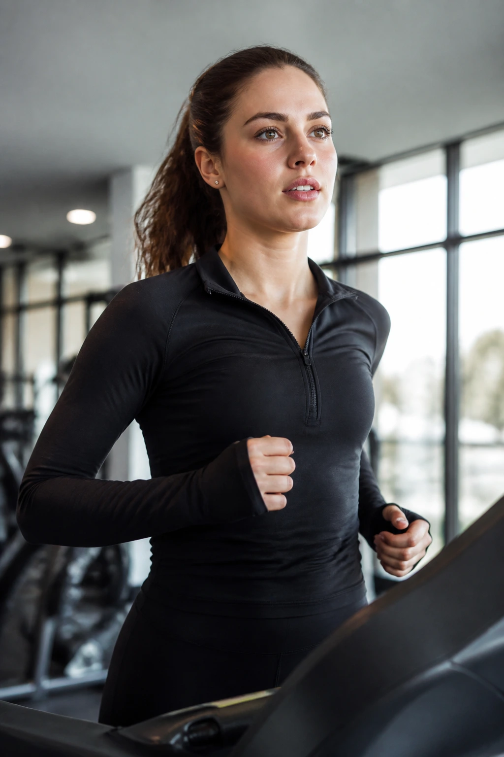 Person jogs on treadmill in bright gym