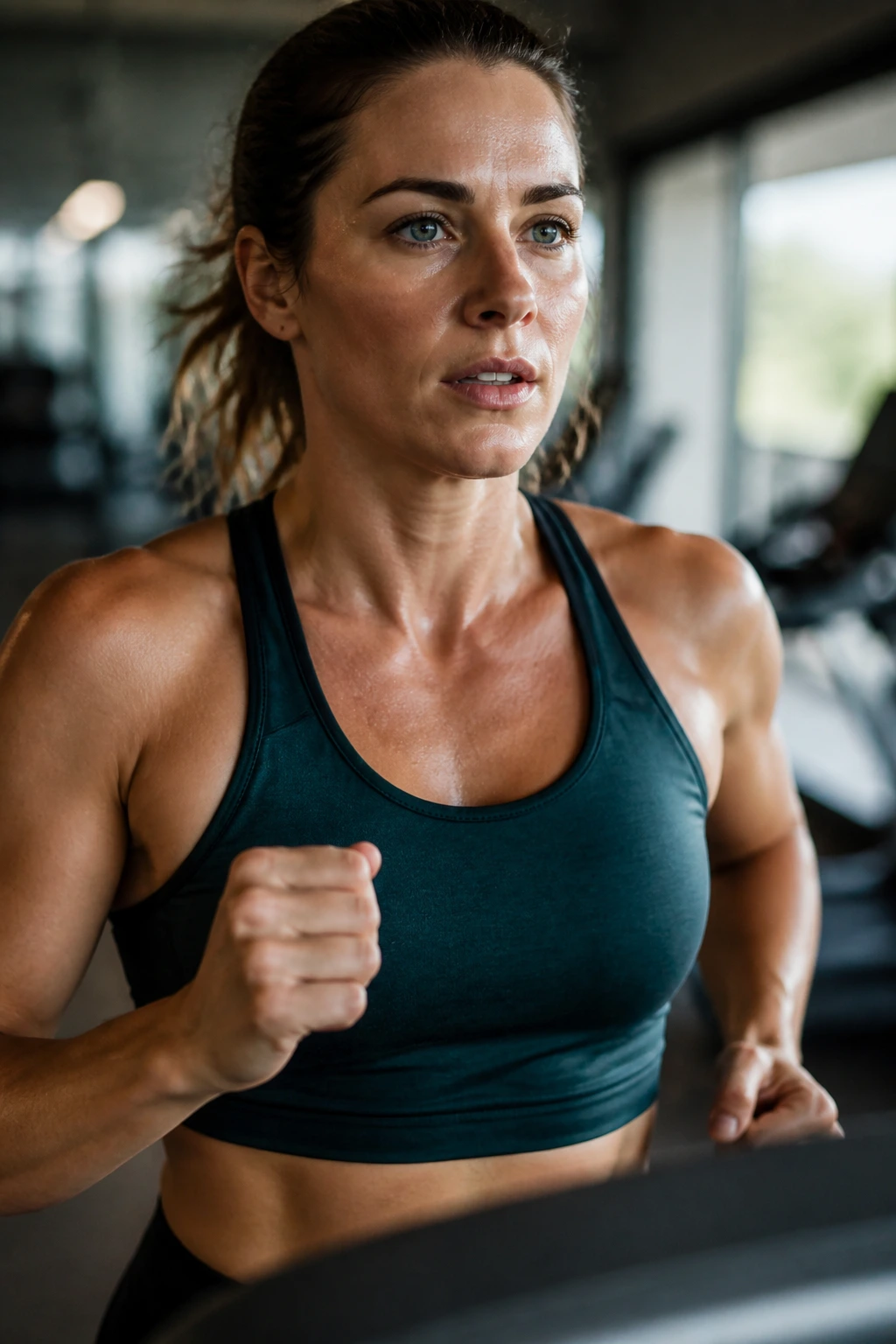 Close-up of a runner on a treadmill during a ladder-style workout
