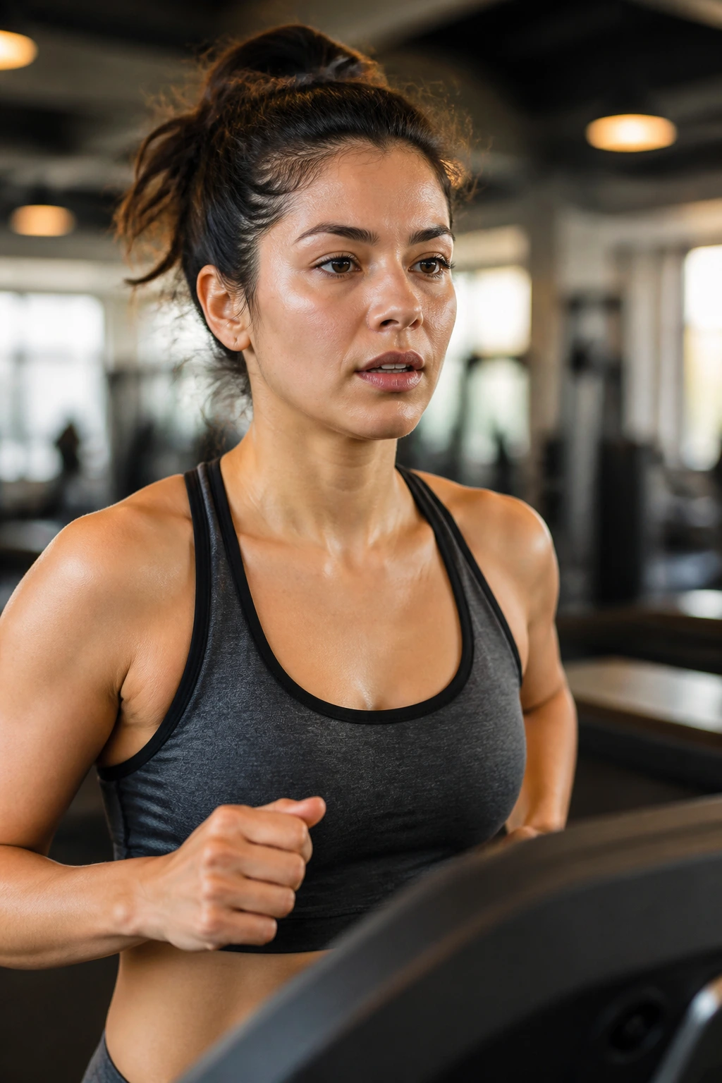 Close-up of a runner on a treadmill during a 1-minute run / 2-minute walk interval