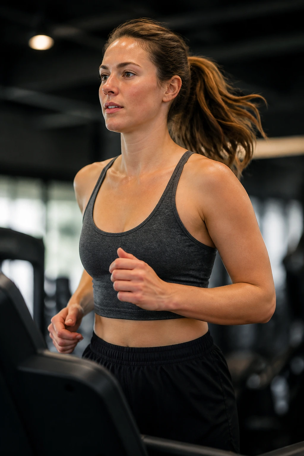 Runner on a treadmill in a gym demonstrating confident treadmill running