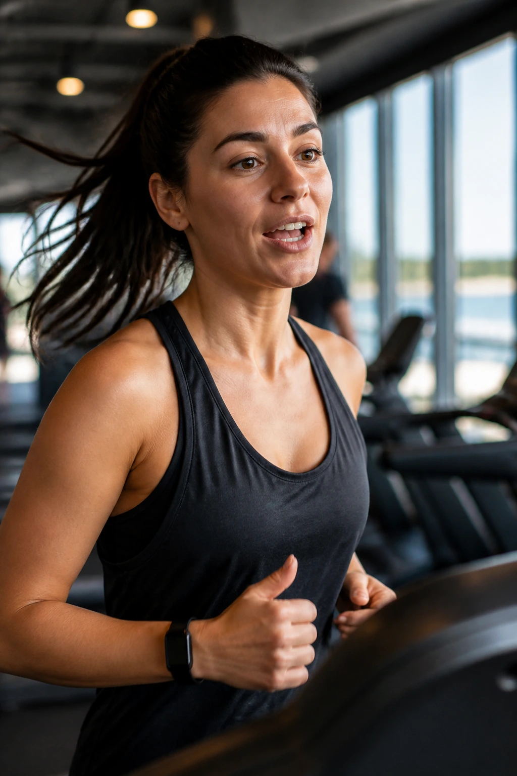 Runner on a treadmill talking while running in a gym