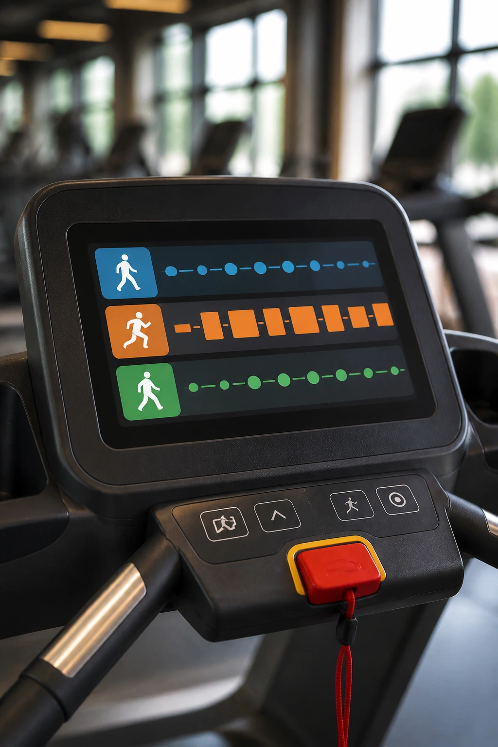 Close-up of treadmill console showing a text-free icon-based template with color blocks for warm-up, main set, cool-down