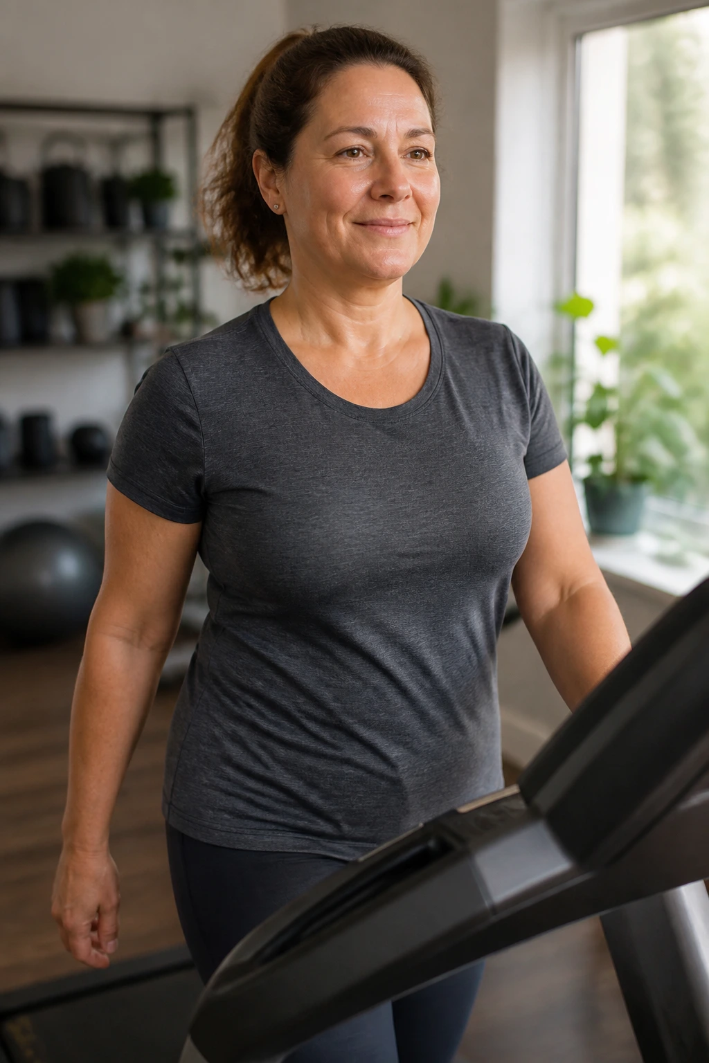 Real person walking on a treadmill in a home gym, upper body close-up