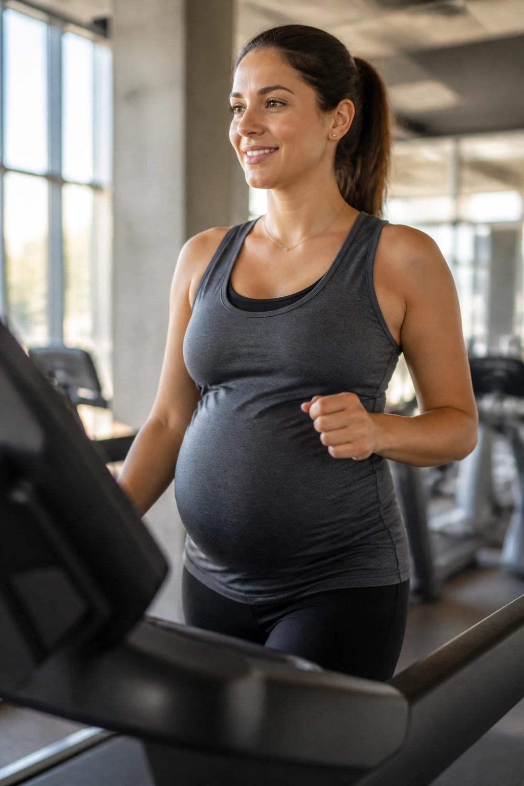 Pregnant woman walking on a treadmill in a gym