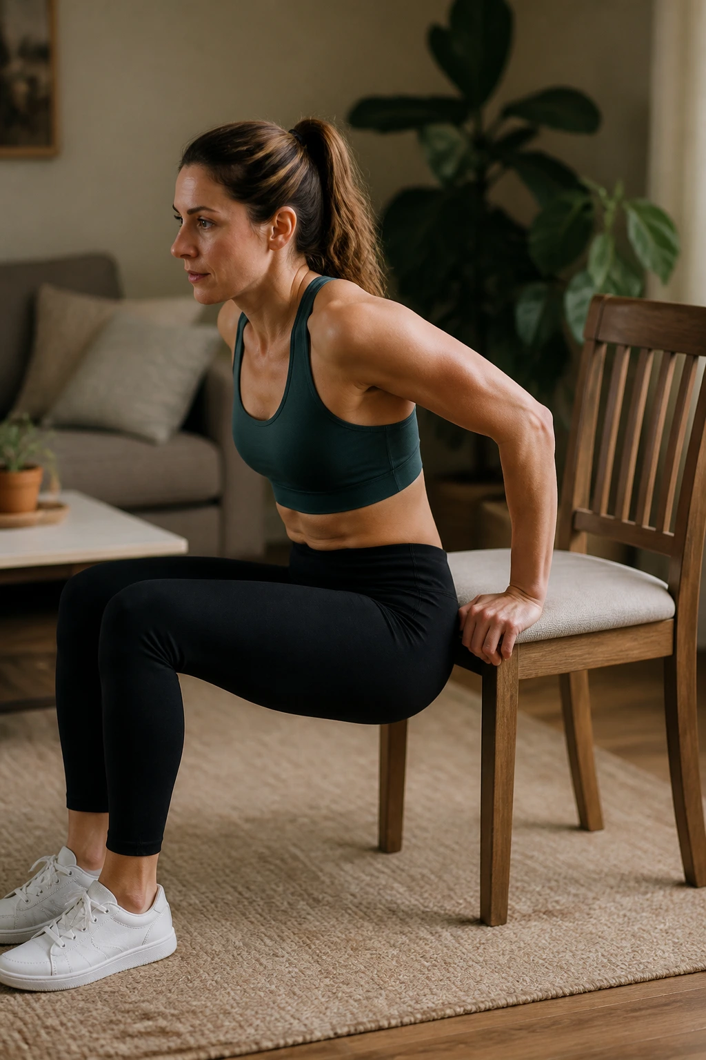 Person performing tricep dips on a sturdy chair at home