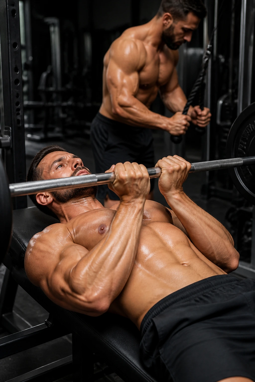 Close-up of lifter performing close-grip bench press with rope pushdown cable in gym background