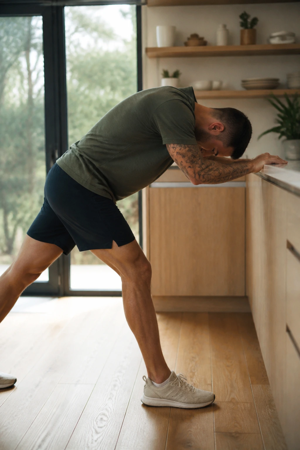 Real person performing bodyweight triceps extension at home