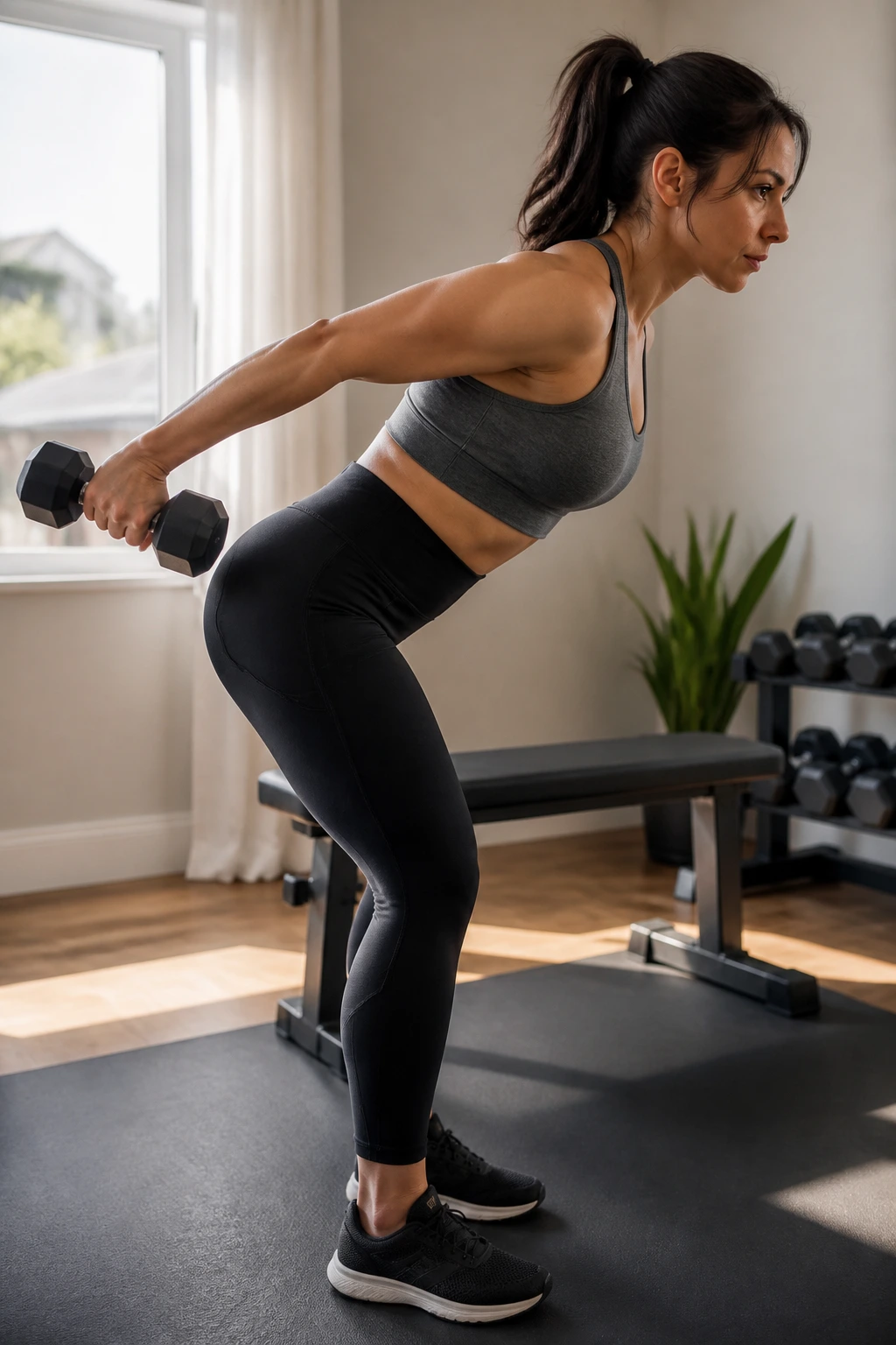 Side view of a person doing triceps kickbacks with tight elbow