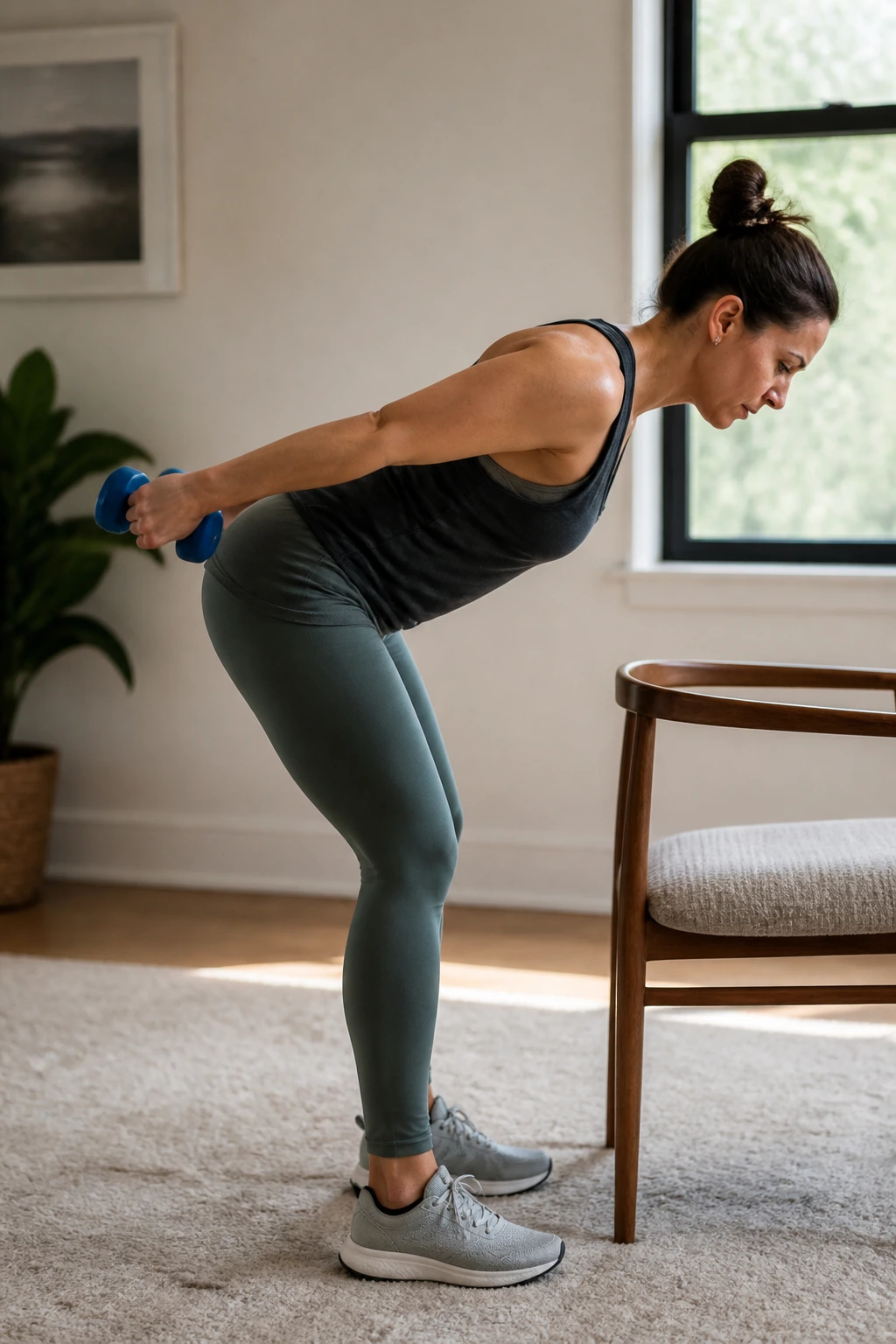 Person performing triceps kickback hinge at home