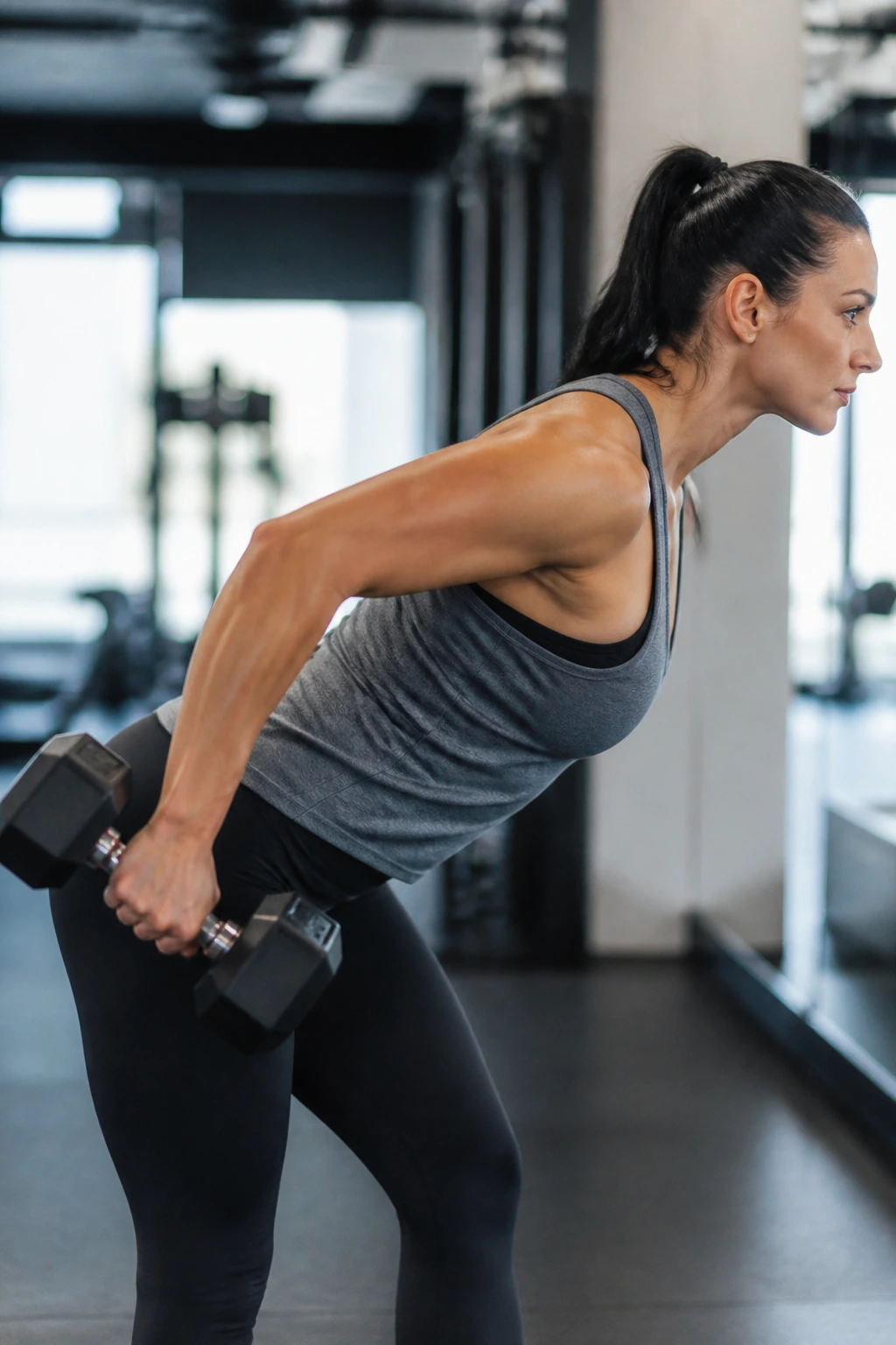 Side profile close-up of a person performing triceps kickbacks with a dumbbell