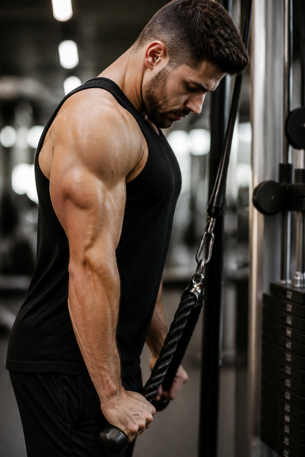 Close-up of arms during a triceps pushdown in a gym cable setup