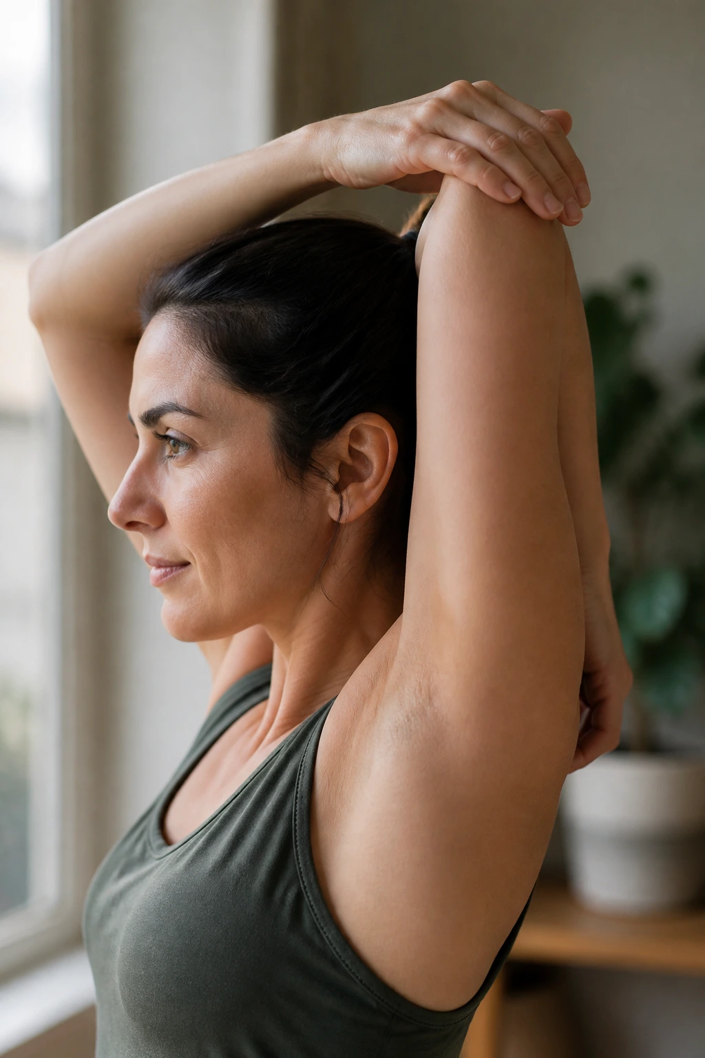Side profile of a person performing overhead triceps stretch.