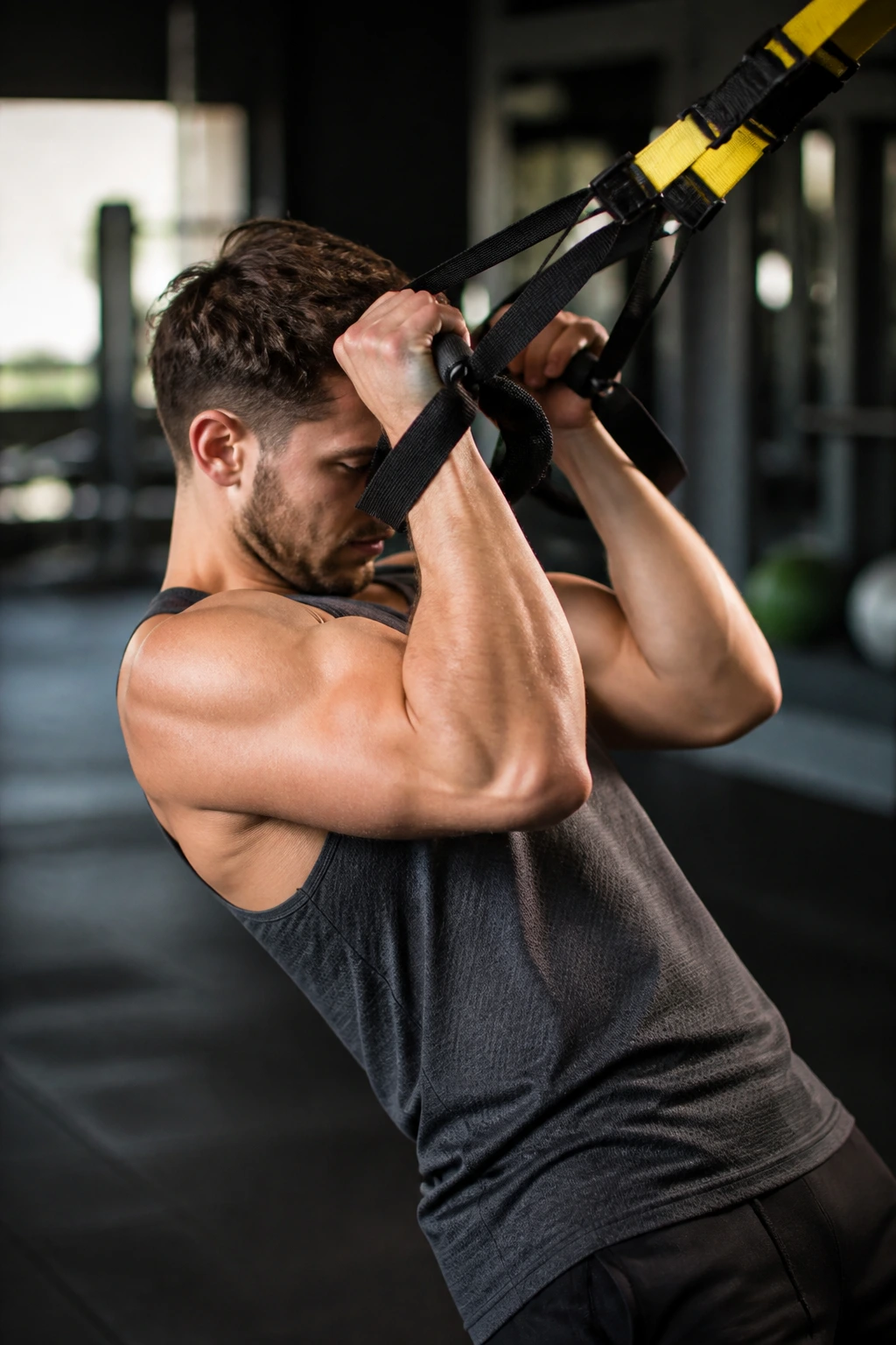 Close-up of a person performing a TRX curl in a gym