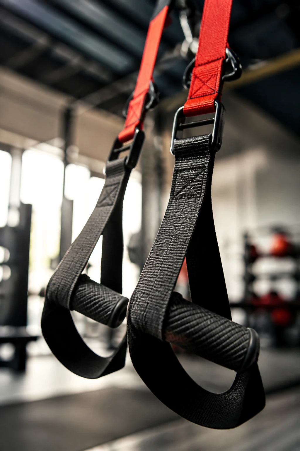 Close-up of TRX suspension trainer handles and straps in a gym