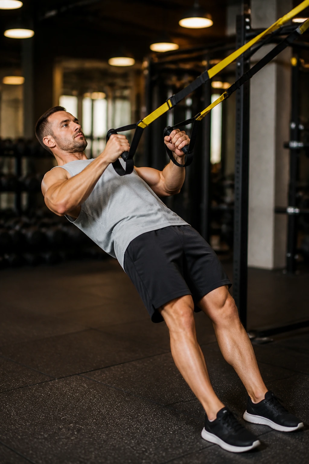 Person performing a TRX row with bodyweight circuit, core engaged
