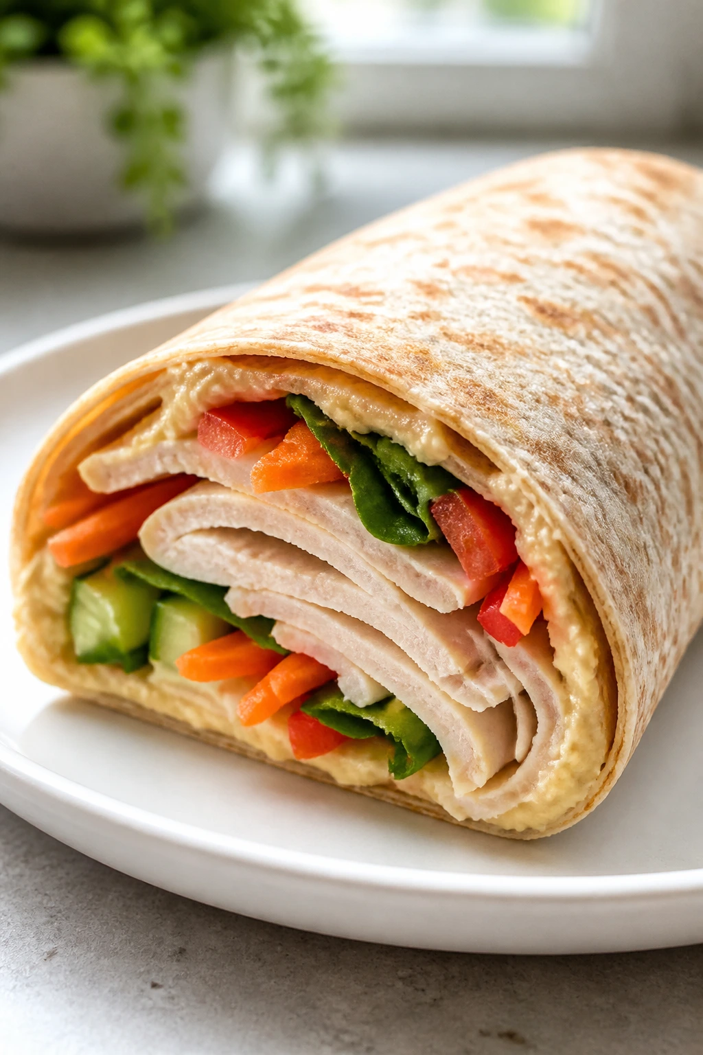 Turkey hummus wrap with crunchy vegetables on plate