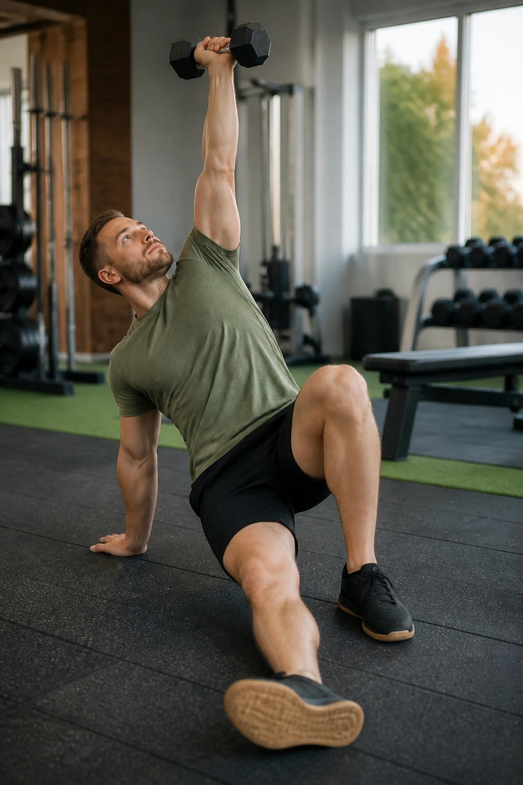 Athlete performing Turkish get-up with dumbbell overhead