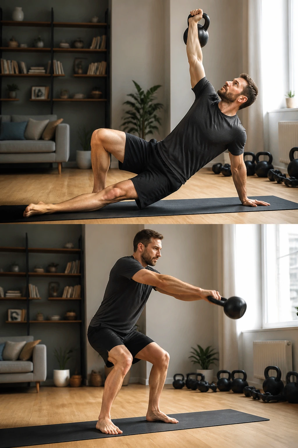 Athlete performing Turkish get-up with kettlebell overhead