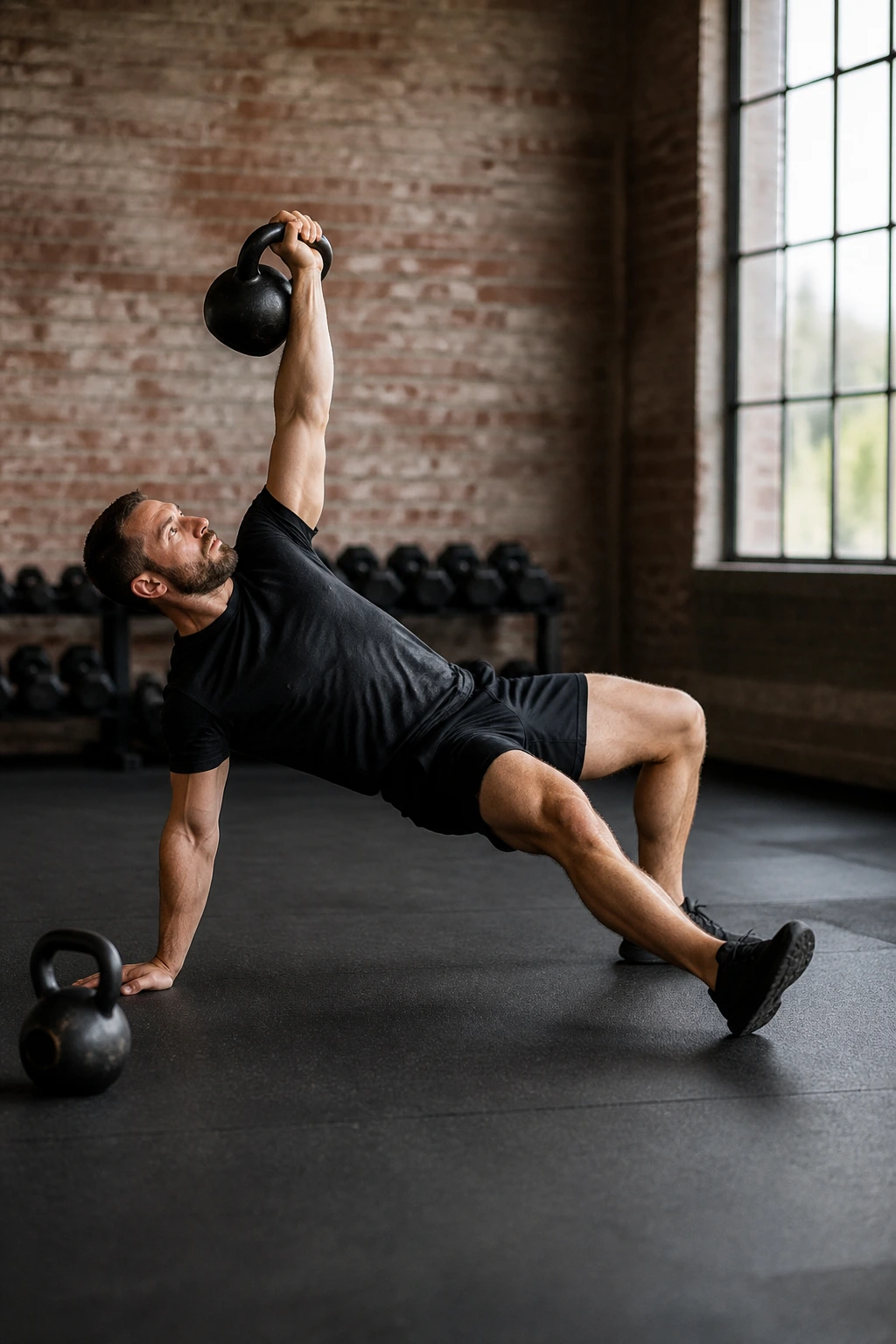 Person doing Turkish get-up with kettlebell and second kettlebell nearby for swing