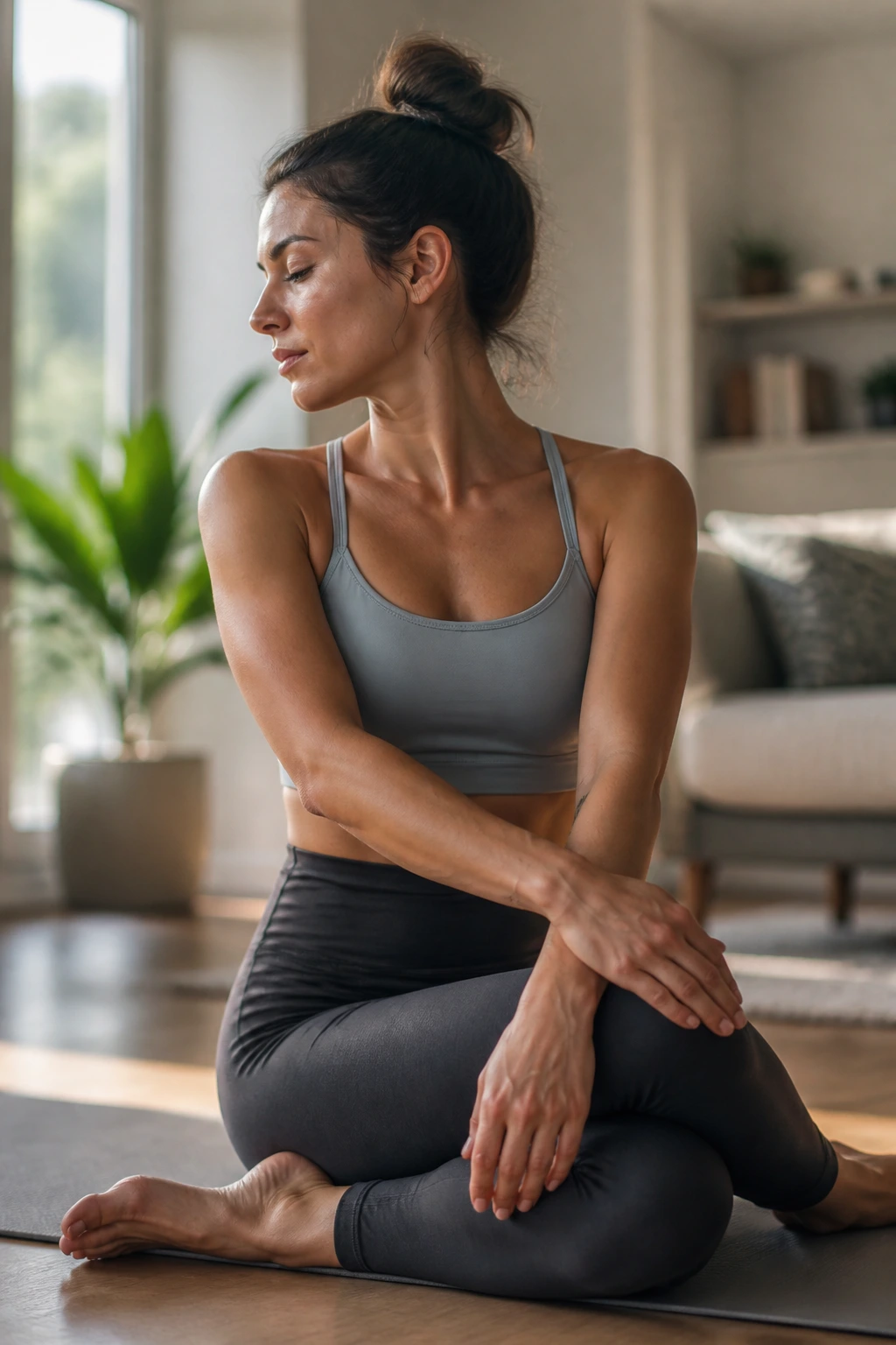 Person seated with a gentle spinal twist in a bright living room