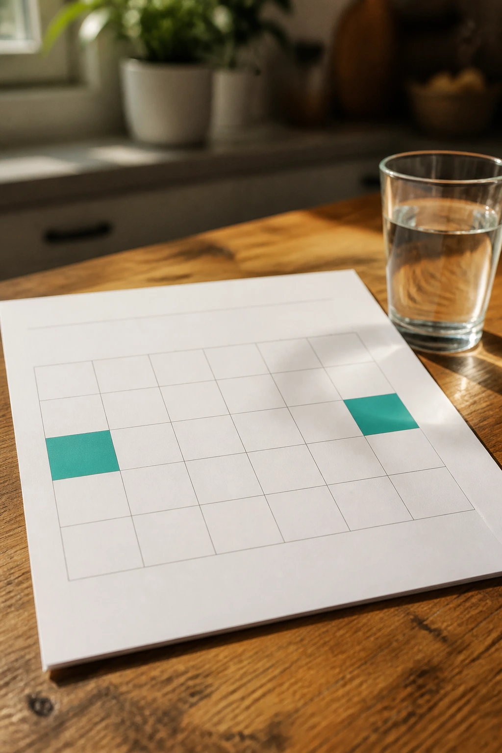 Close-up of a blank two-day workout calendar sheet on kitchen table