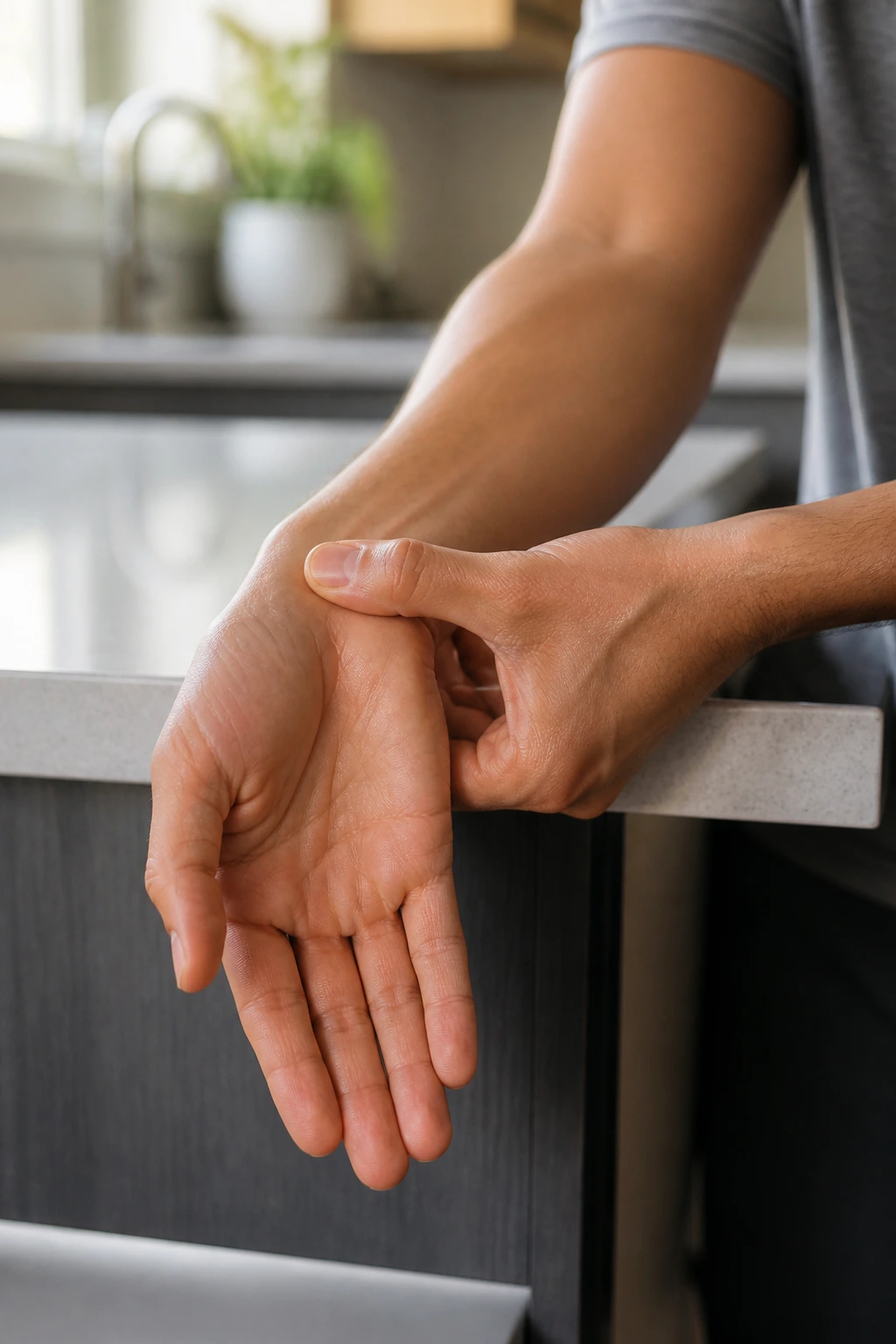Close-up of forearm with ulnar deviation stretch aiding movement on pinky side