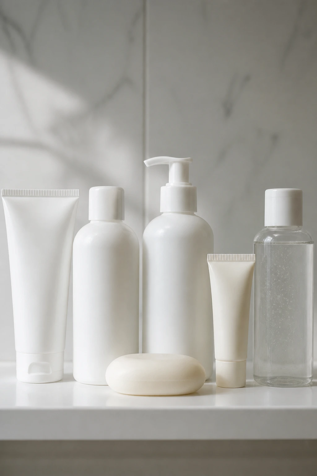 Close-up of unscented toiletries on a bathroom shelf