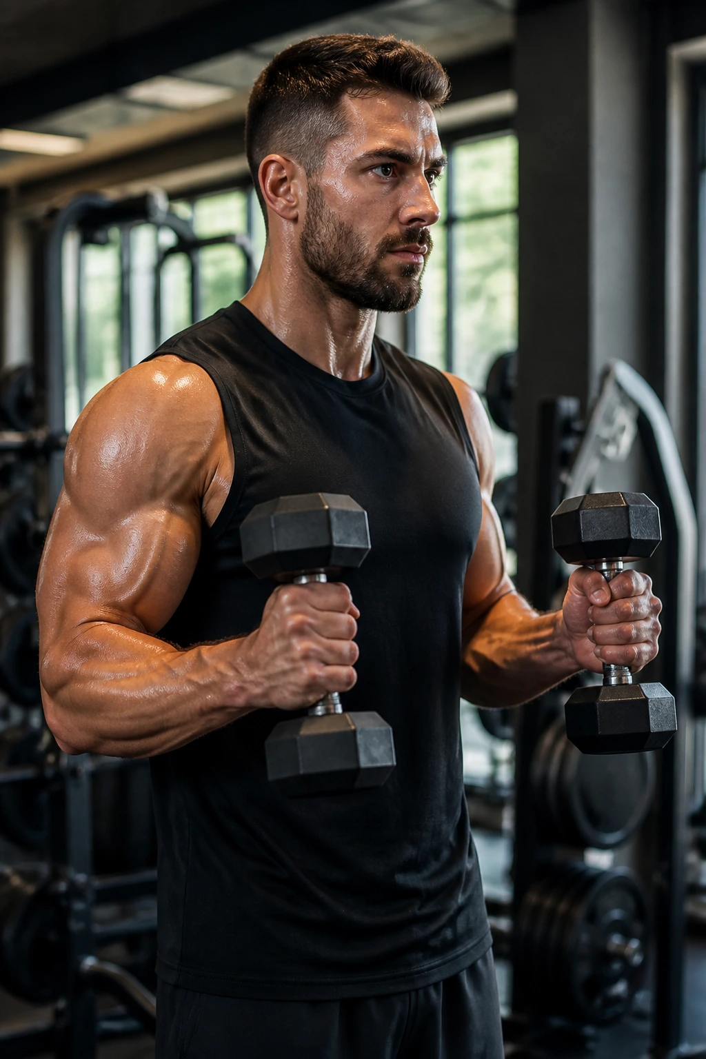 Real person performing hammer curls in a gym, showcasing arm and shoulder definition
