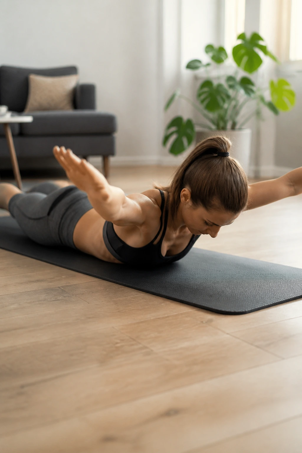 Close-up of a person on a yoga mat performing prone Y-T-W raises for upper body strength
