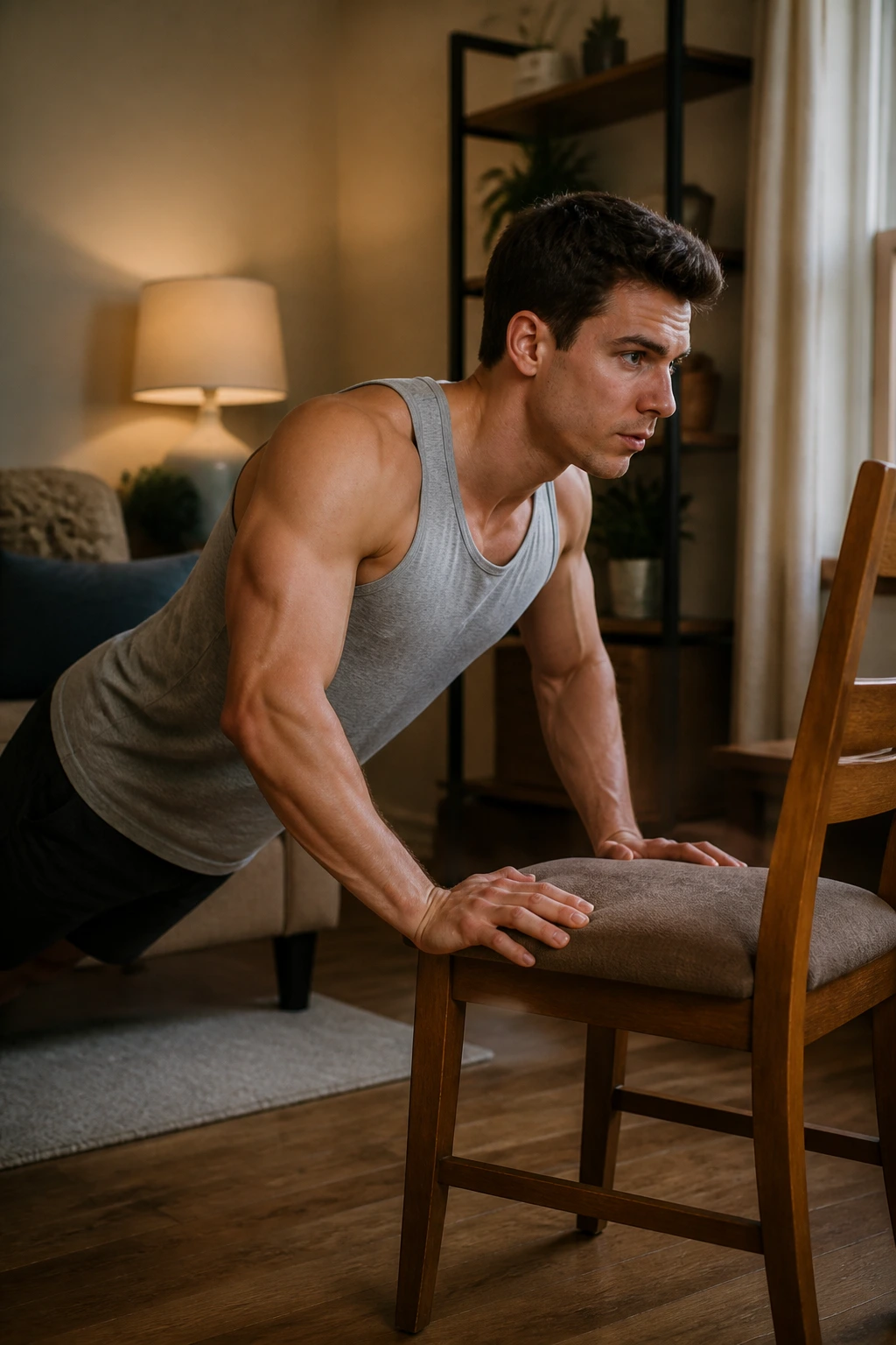 Person doing incline pushups with a chair at home