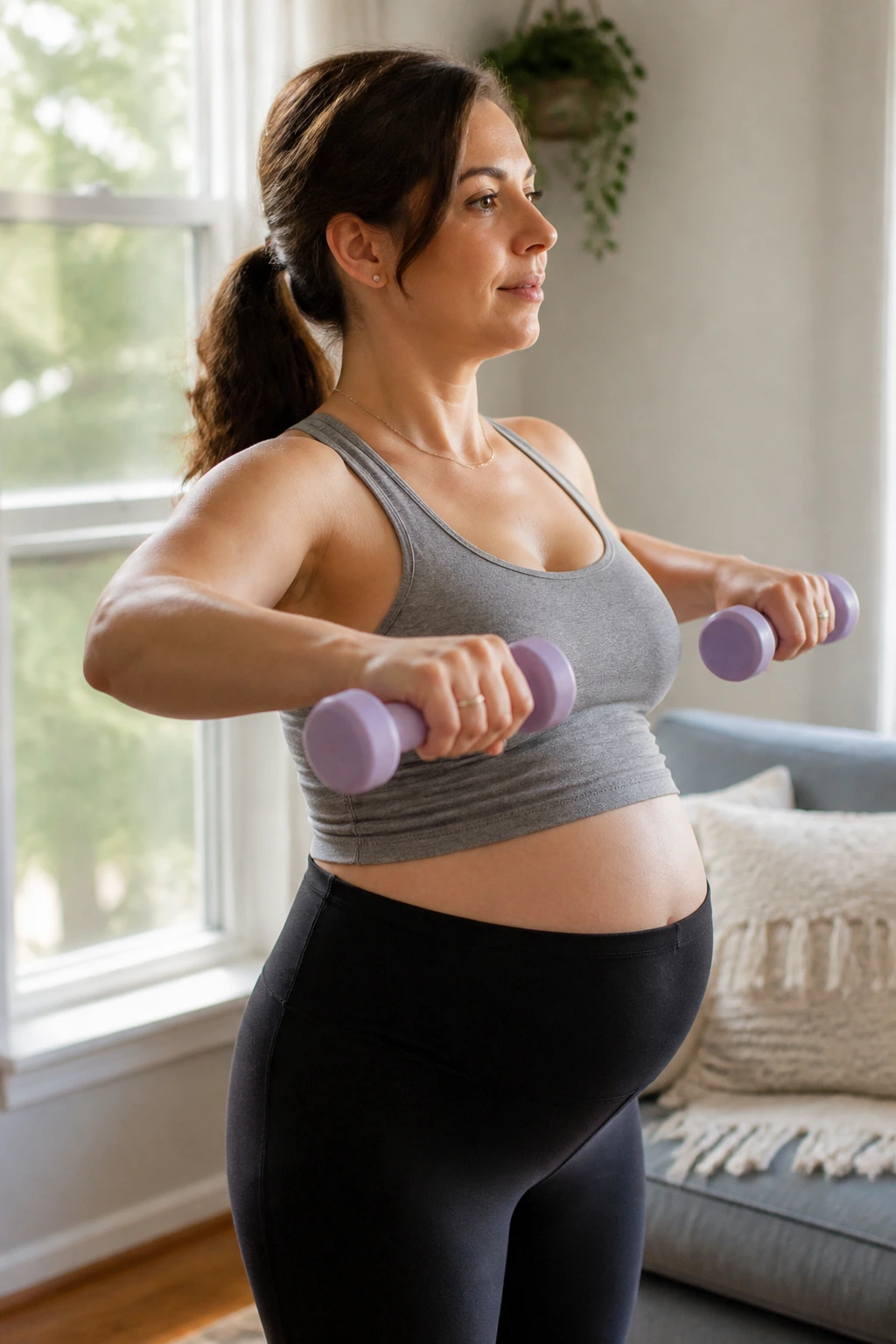 Pregnant woman using light dumbbells for posture exercises indoors