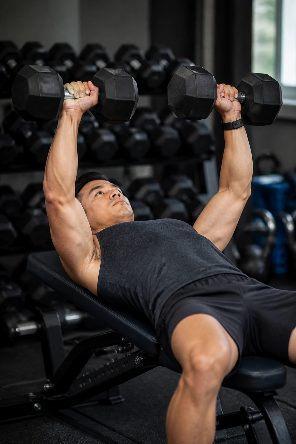 Mid-shot of a person bench pressing in a gym during an EMOM