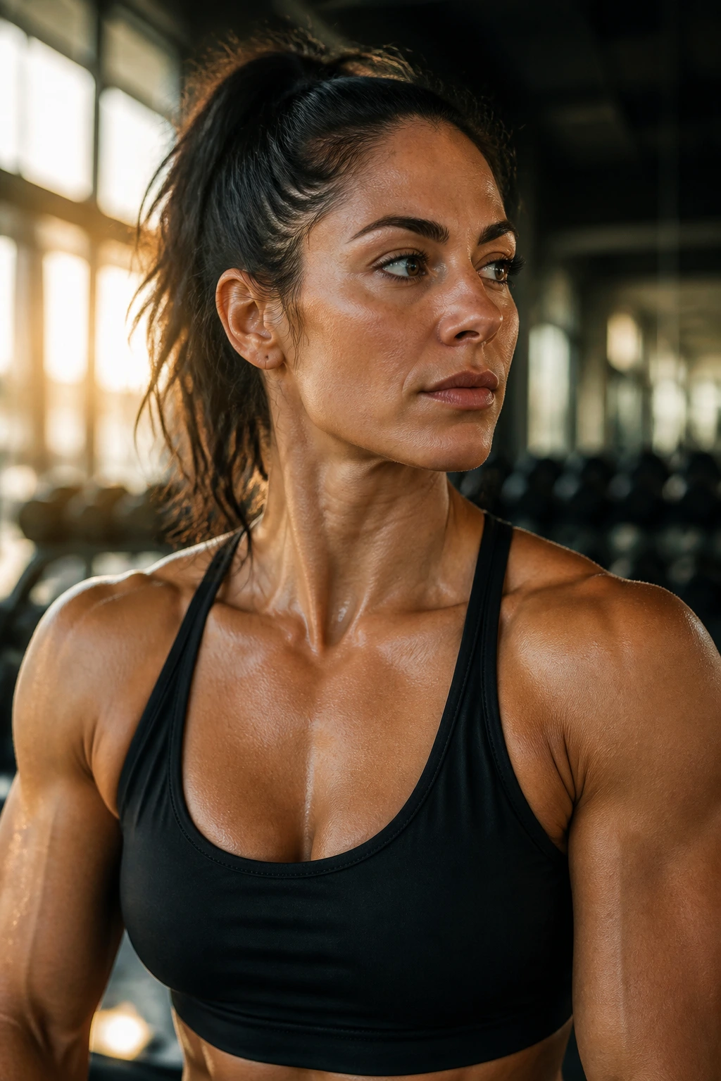 Close-up of a real woman's shoulders and upper back in gym lighting