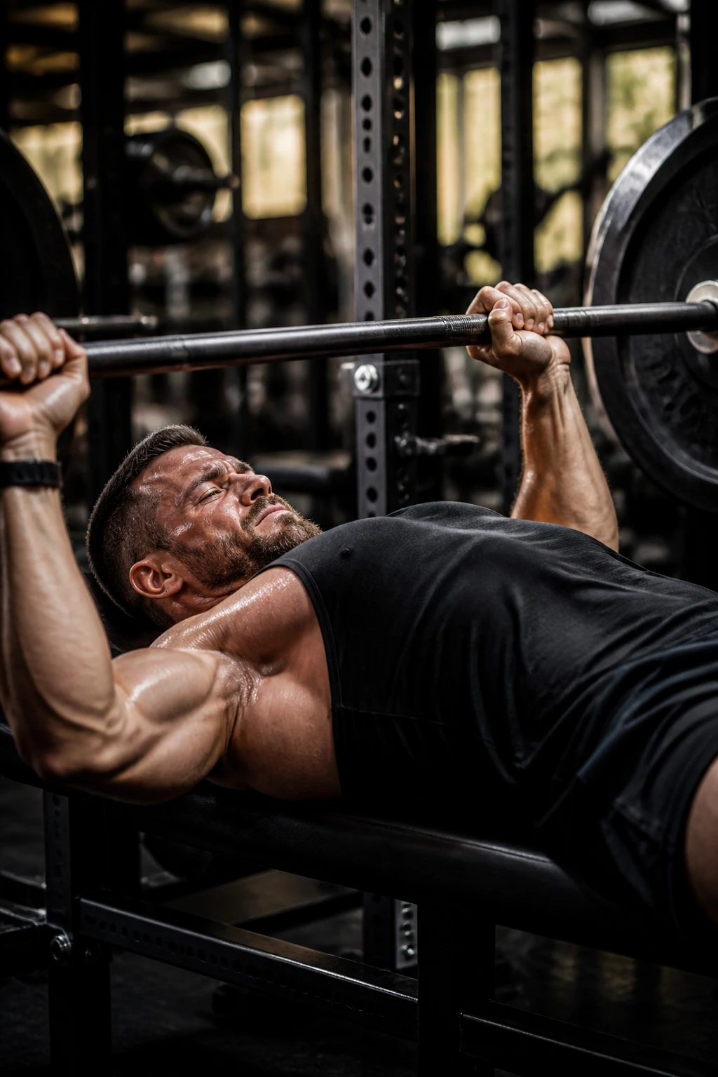 Close-up of a lifter's upper body in a bench press in a gym